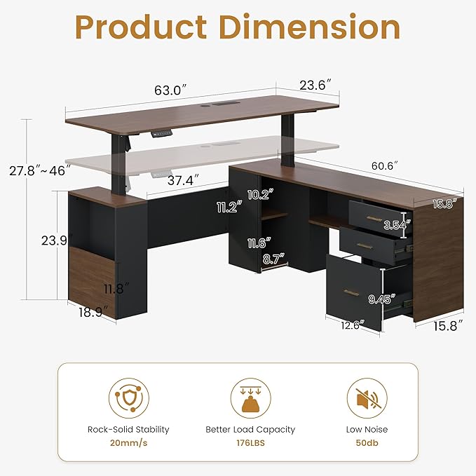 JOMEED 63" L Shaped Electric Standing Desk with Storage, Executive Adjustable Height with Privacy Pane and Power Outlets,Brown and Black
