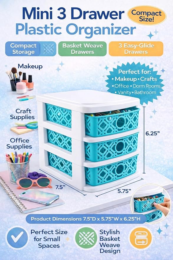 3 Drawer Basket Weave Mini Plastic Organizer Makeup HBA Cosmetics Arts & Crafts Desktop Stationary (Teal)