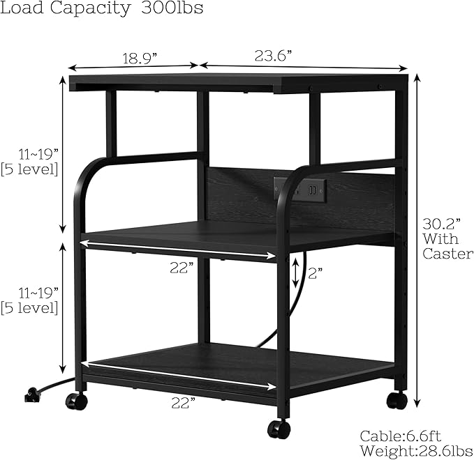 VECELO Adjustable Large Printer Stand with Power Outlet, 3-Tier Heavy Duty Cart on Lockable Wheels, Office Storage Table for Home Office, 3D Printer, Fax Machine, Scanner, Classic Black