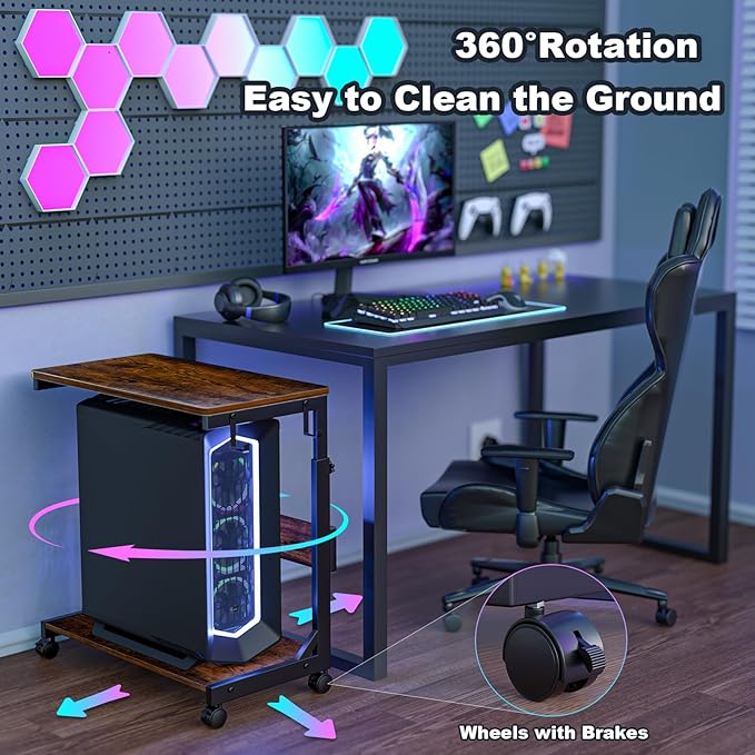 Height Adjustable Computer Tower Stand with Charge Station and USB Charging Port, 2-Tier ATX-Case Cart, Under Desk Mobile PC Stand, CPU Holder Cart with Locking Caster Wheels for Fits Most PC