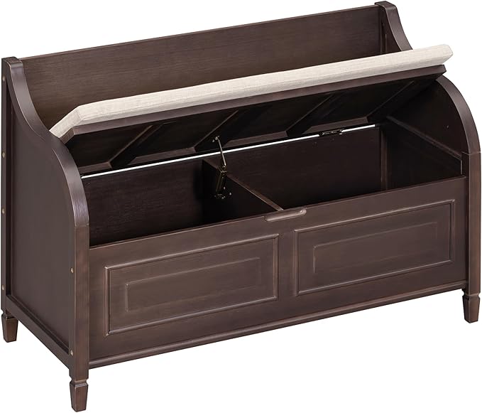 SOFTSEA 41.9" Storage Bench with Back, Entryway Shoe Bench with Cushion & Lift Top Storage, Rustic Shoe Storage Cabinet with Cushioned Seat for Entryway, Bedroom, Living Room (Espresso)