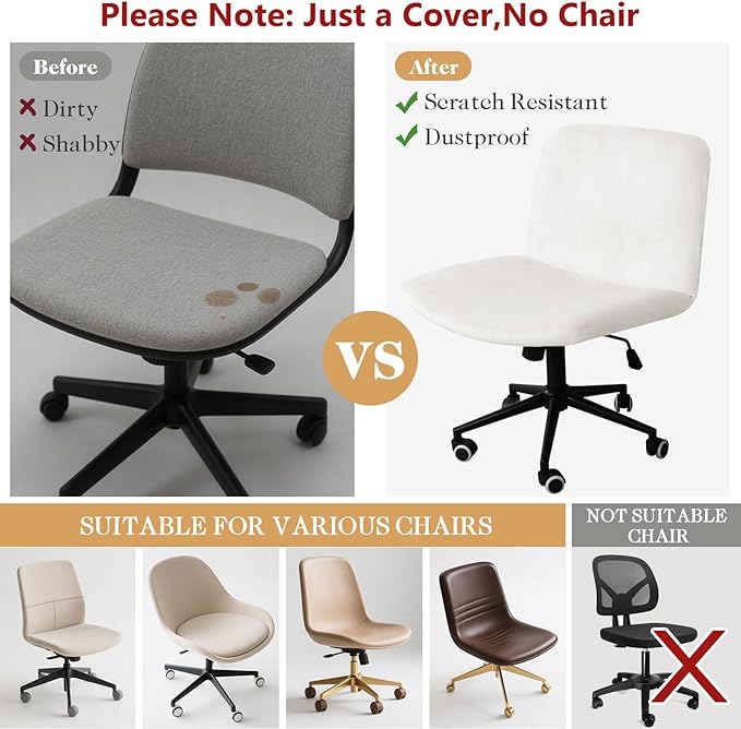 NICEEC Criss Cross Chair Cover Armless Office Dorm Desk Chair Covers Vanity Chair Covers Computer Mid Back Wide Seat Chair Without Arms Protector Spandex Stretch Slipcover White(No Chair Only Cover)