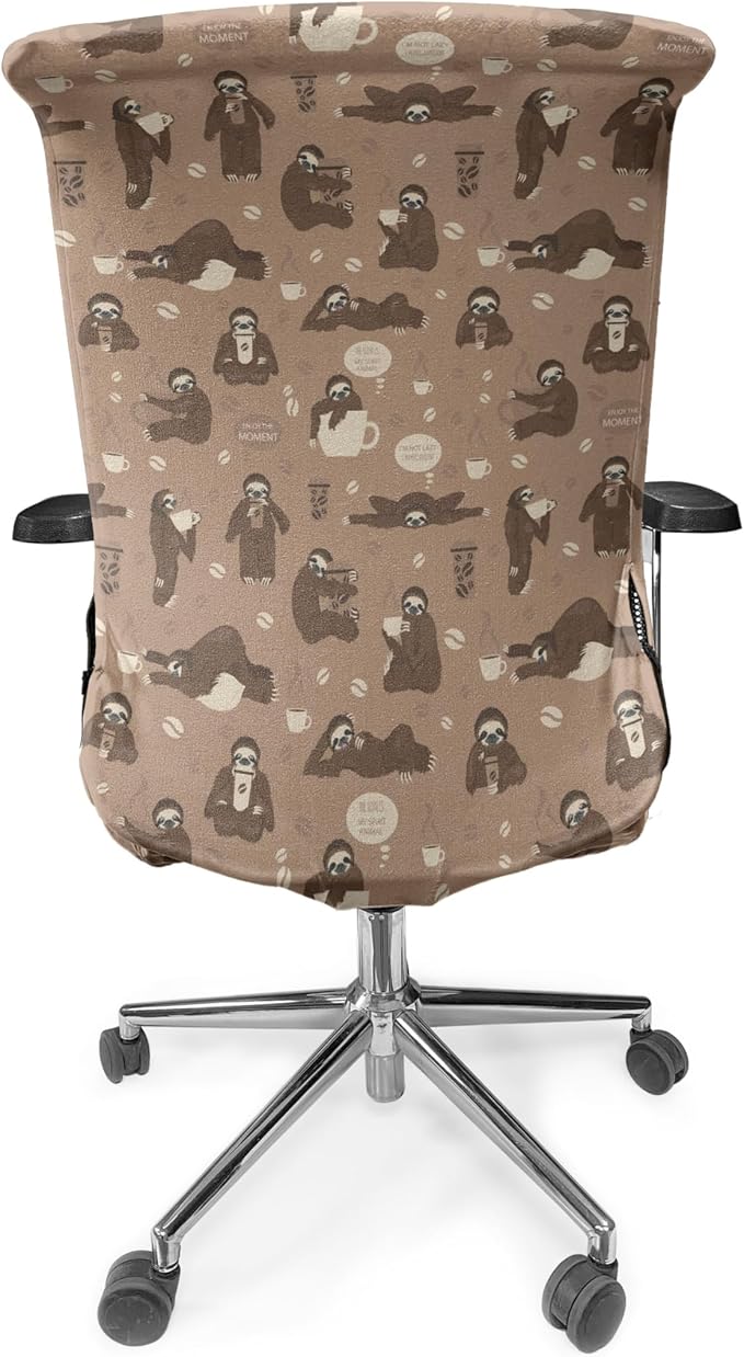 Ambesonne Funny Sloth Office Chair Cover, Whimsical Lazy Animal with Morning Coffee Poses Enjoy The Moment, Stretchable Decorative Universal Size High Back Printed Slipcover, Umber Beige