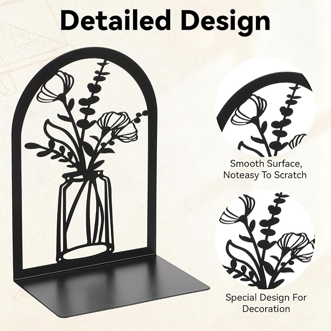 5 Pair Metal Bookends, Modern Decorative Book Ends for Shelves Non-Slip Black Book Stopper for Heavy Books Flower Shelf Holder for Home Office