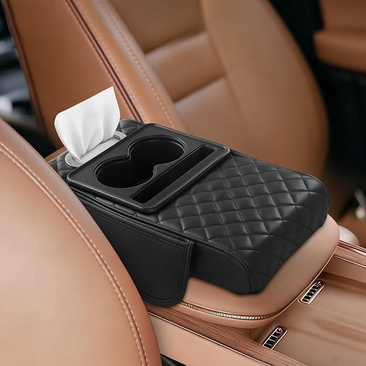 5-in-1 Universal Car Center Console Cover with Cup Holder, Upgrade Armrest Cushion for Car with Side Storage, PVC Leather Armrest Cover Pad with Phone Slot & Tissue Holder, Black