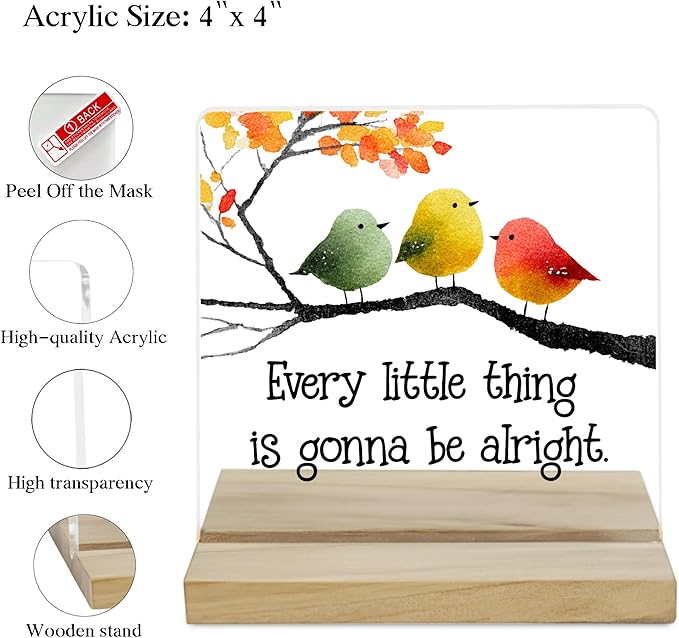 Inspirational Birds Desk Decor Sign, It's Gonna Be Alright Acrylic Plaque for Home Office