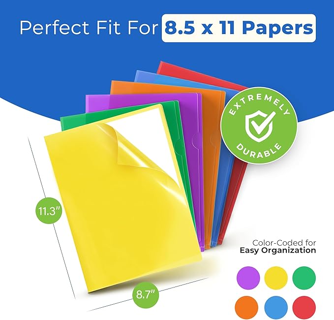 Dunwell Clear Plastic Folders for Documents (6 Pack, Assorted Colors) - Letter Size Plastic File Folder Sleeves 8.5x11 - Durable & Tear-Resistant Poly Document Folder Jackets for School, Office & Home