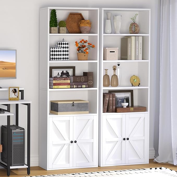 71.5" Bookshelf Set of 2, 6-Tier Bookcase with Cabinet Doors, Tall Display Shelves with Storage for Home Office, Living Room
