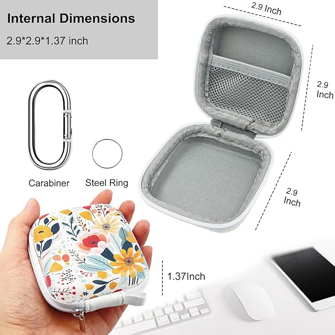 Square Earbud Case Headphone Organizer Ear Bud Case Portable EVA Carrying Box Storage Bag with Carabiner for AirPods Beats Bose Galaxy Buds 3 Data Cable Storage (Blooming Floral)