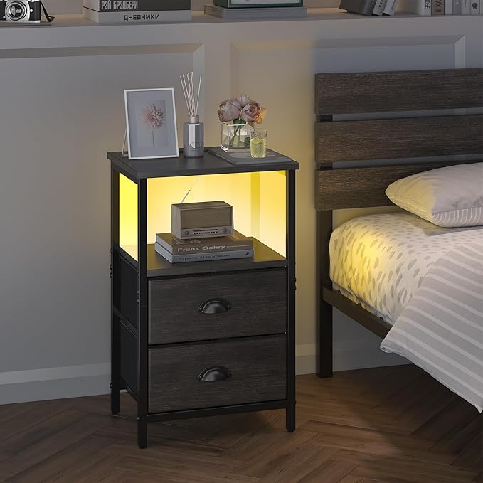 sthmec Nightstand with Charging Station, LED Night Stand with 2 Fabric Drawers, Bedside Tables End Table with Drawers, 2-Tier Storage Side Table Nightstand with Drawers for Bedroom, Black Oak
