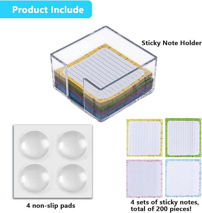Acrylic Sticky Note Holder - 3 x 3 Sticky Note Dispenser with 4 Sets of Colored Sticky Notes for Office and Home Desktop Organizer