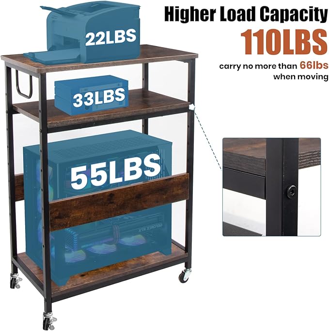 TooCust Extra Large Height Adjustable Computer Tower Stand, Computer & Machine Carts, PC Tower Stand, Printer Stands with Steel Wheels, Holds Up to 110 lbs (Fits 11" D x 22" W x 24.5" H Towers)