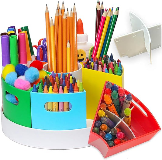 8.6" Desk Art Supply Organizer for Kids – Compact Rotating Lazy Susan Art Caddy with Dividers for Crayons, Markers & Pencils, Classroom Storage for Teachers Students Homeschool