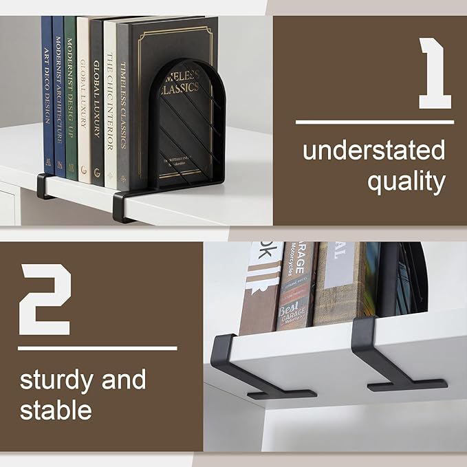 2 Pcs Metal Book Ends for Shelves Heavy Duty Clamp Book Organizer Black Metal Bookends Storage Holders with Non Skid Base for Home Office Supplies