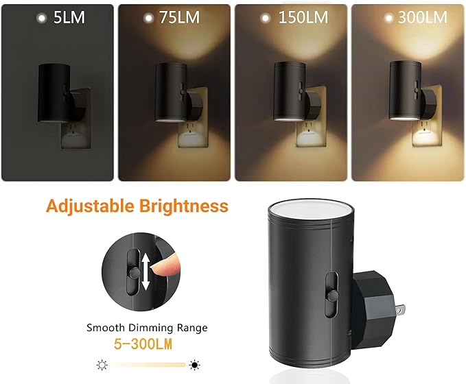 TSEXES LED Night Lights Plug into Wall, Dusk to Dawn Sensor,5-300LM Adjustable Brightness, Soft White 3000K,Dimmable Night Lights for Kitchen,Hallway Bedroom,Stairs, 2 Pack
