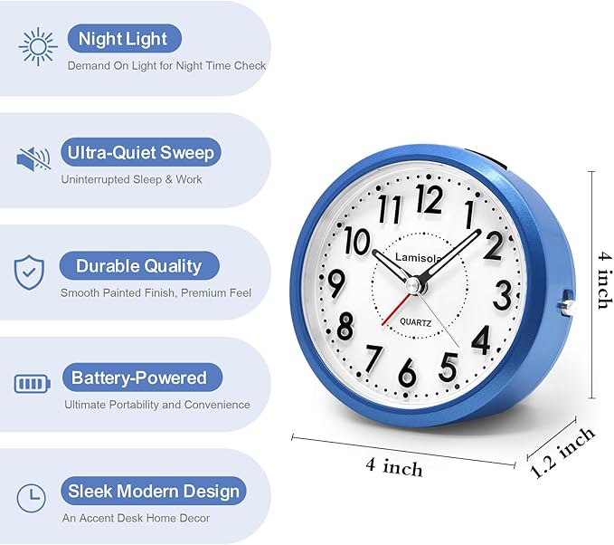 Lamisola Small Desk Clock, Battery Operated Travel Clock, Old School Analog Alarm Clock for Bedroom Home Office Bathroom Kitchen, Silent Large Display- Sapphire Blue