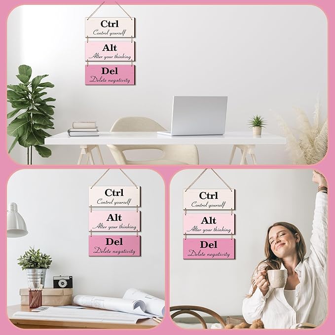 Qunclay 3 Pcs Office Wall Decor Pink Wood Rustic Hanging Cubicle Decor Summer Inspirational Ctrl Alt Del Sign Decoration for Bathroom Indoor Home Living Room