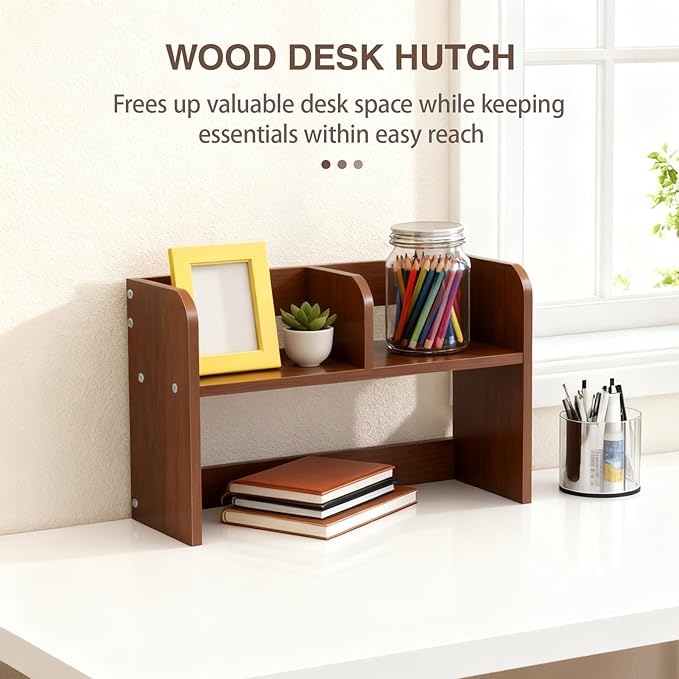 Desktop Bookshelf,Wood Desk Organizer Shelf with 2-Tier Display Rack for Computer Table,Multipurpose Countertop Storage Hutch for Home Office Dorm,Walnut