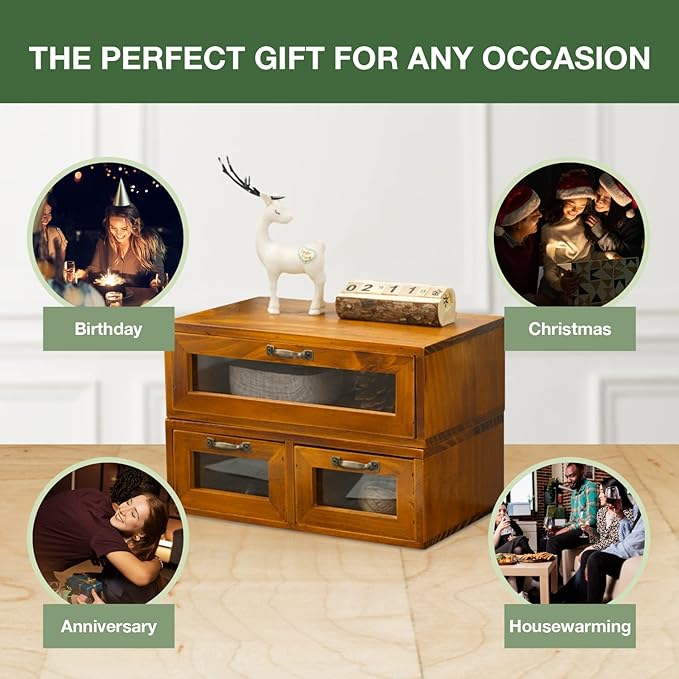 2-pc Stackable Storage Drawers - See-Through Wooden Storage Cabinets - 2-Level Desktop Organizing Cabinet with 3 Drawers - Solid Wood Storage Box with Display & Metal Handles…
