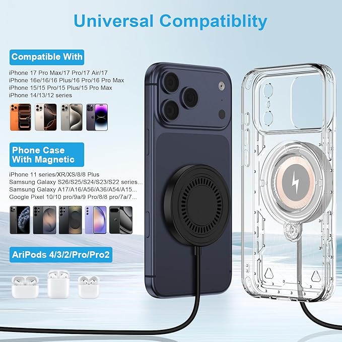 for Samsung S26 Ultra Magnetic Wireless Charger Fast Charging Pad for Galaxy S26 S26+ S25 FE Ultra S24 S23 S22 S21 Z Fold7,15W USB-C/A Android Phone Wireless Magsafe Charger for iPhone 17e 17 16 15 14