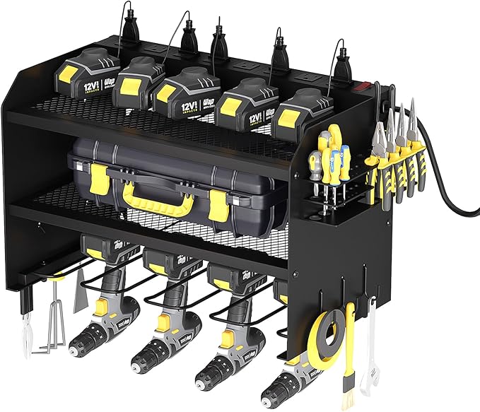 AZERPIAN Power Tool Organizer Wall Mount with Charging Station 3 Layer Heavy Duty Metal Tool Storage Rack with 4 Cordless Drill Holder Utility Rack with 8 Power Strip,Black