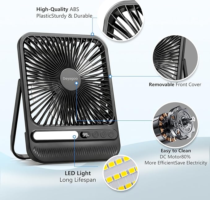 Deyagoo Travel Fan,7-Inch Camping Fan, Rechargeable Fan, 28H 10000mAh Ultra-Thin Quiet USB Desk Fan with Timer & LED Display for Bedroom, Office, Camping