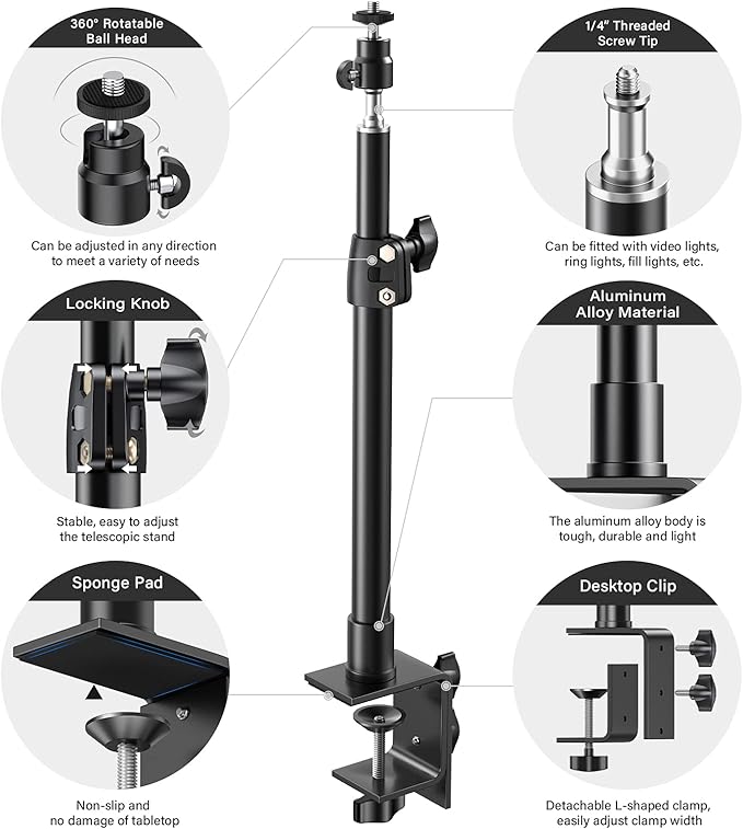 2-Pack Camera Desk Mount Stand with 1/4" Ball Head and Cold Shoe Mount Adapter,12.9-22" Tabletop Mounts Stand, Adjustable Aluminum Desktop Light Stand, for DSLR Camera, Ring Light, Video Light