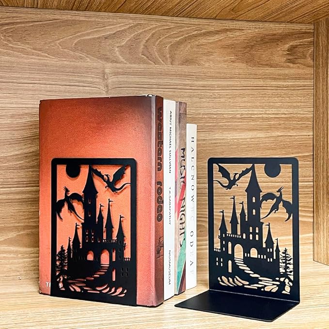 Book Ends, Bookends, Book Ends for Shelves, 1 Pair Non Skid Metal Book Divider Decorative Holder, Abstract Art Desgin Book Stopper Supports for Office, Home (Dragon B)