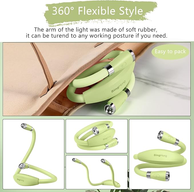 Neck Book Light LED Reading Lamp USB-C Rechargeable, Hands Free, 4 LED Bulbs, 4 Adjustable Brightness, for Reading in Bed or Reading in Car (Green)