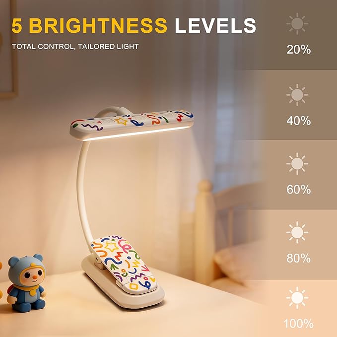 Rechargeable Kids Book Light 25 LEDs - Reading Light for Kids, Eye Caring 3 Colors & 5 Brightness Levels, Extended 1200mAh Battery, Gifts for Kids & Book Lovers (White Doodle)