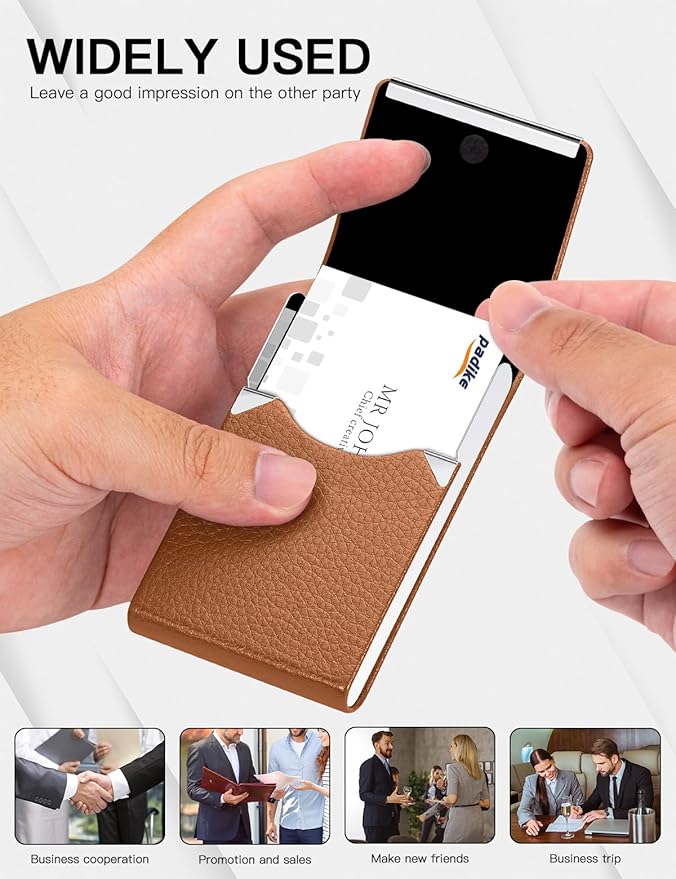Padike Leather Business Card Holder Metal Business Card Case Slim Professional Name Card Holder with Magnetic Shut (Apricot)
