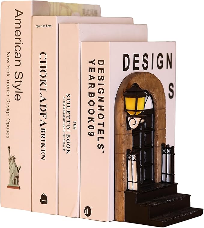 1 Pcs Unique Book End with Lighted Lantern, Vintage Decorative Book Ends for Shelves, Funky Book Holder, Rustic Book Stopper for Home, Office, and LOTR Bookshelf Decor (A)