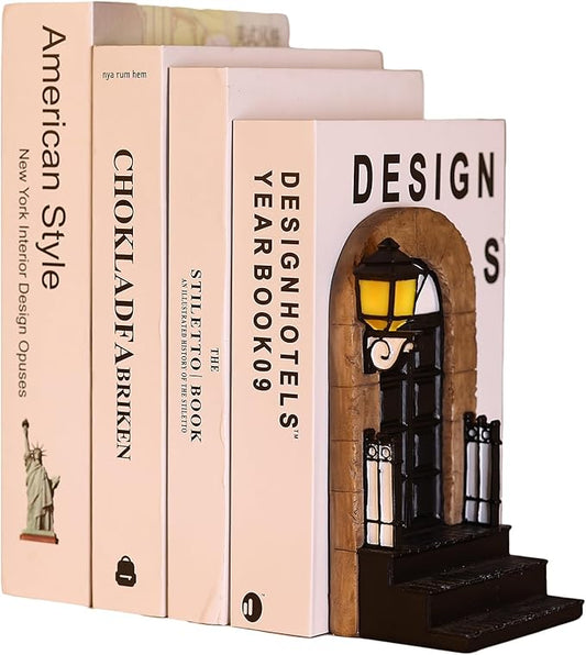 1 Pcs Unique Book End with Lighted Lantern, Vintage Decorative Book Ends for Shelves, Funky Book Holder, Rustic Book Stopper for Home, Office, and LOTR Bookshelf Decor (A)