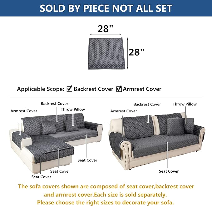 Eismodra Armrest Couch /Sofa /Backrest Covers,Anti-Slip Armchair Slipcovers for Dogs Cats Pet Loveseat Recliner Leather L Shaped,Dark Gray 28 x 28 Inches (Only 1 Piece)