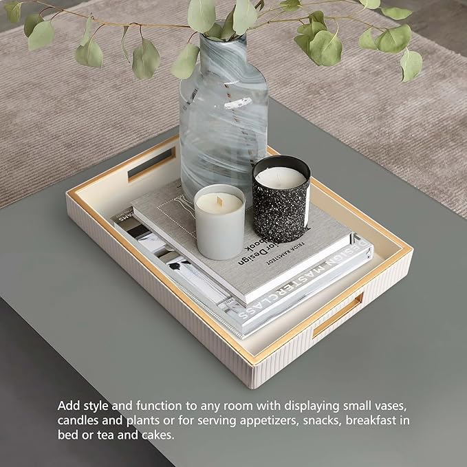 SANZIE Leather Tray Desktop Storage Organizer Premium Serving Trays Decorative Tray Valet Tray for Sundries Cosmetics Phone Wallet Cutlery (White Holder)
