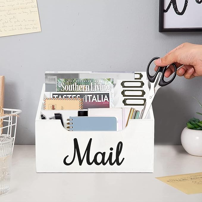 Rustic Wood Mail Organizer Countertop with 4 Slots, White Mail Holder for Desk, Removable Dividers Mail Sorter, Letter Bill File Organizer for Home Office Classroom, Desktop Organizer with Free Labels