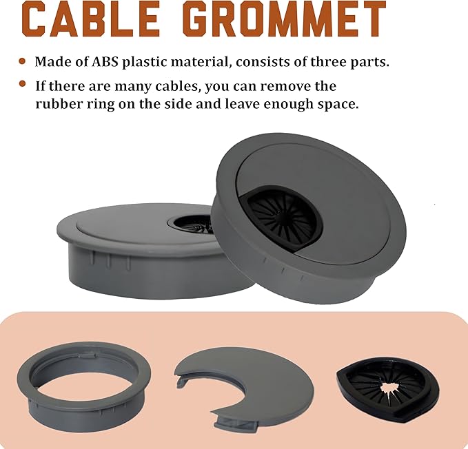 Signite 5 Pcs Plastic Desk Cable Grommet 2-1/2" – Durable Desk Hole Cover for Wire Management, Desks Cord Grommet for Workstations, Tables, Countertops 60mm Hole Cover for Home/Office - (Light Grey)
