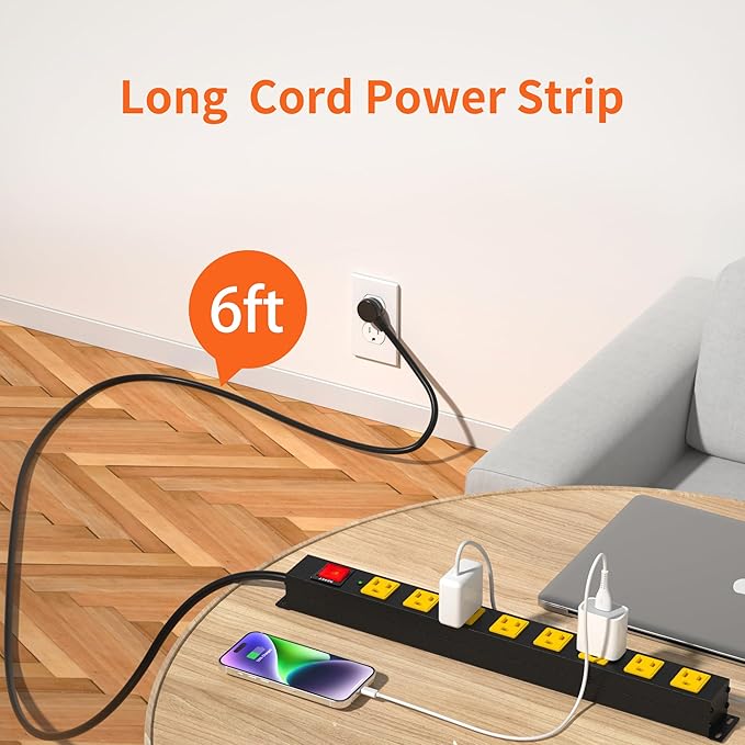 8 Outlet Long Power Strip, 2Pack 2100J Surge Protector Heavy Duty 6FT Cord Wide Spaced and Wall Mount Metal Powerstrip for Home Office Garage Workshop