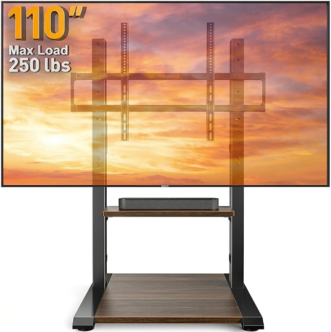 Perlegear Floor TV Stand for 50–110″ TVs with Power Strip, Holds Up to 250 lbs, Universal Standing TV Mount with Adjustable Shelf & Feet, Max VESA 800x600mm, Tall TV Stand for Living Room, PGFS20B