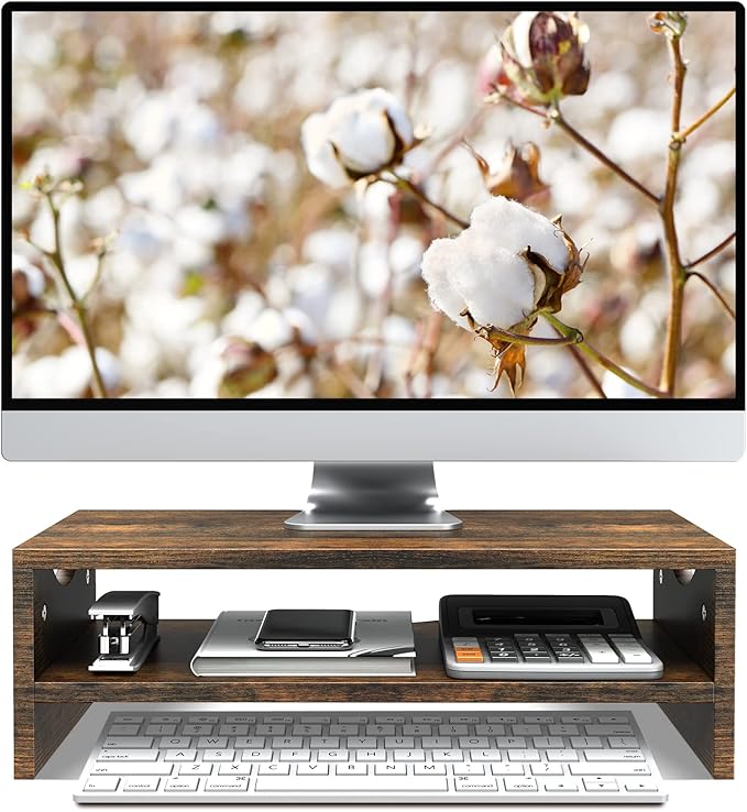 Monitor Stand Riser, 2-Tier Wood Computer Monitor Riser with Storage, Computer Screen Desk Shelf for Monitor, Laptop, PC, iMac, TV & Printer