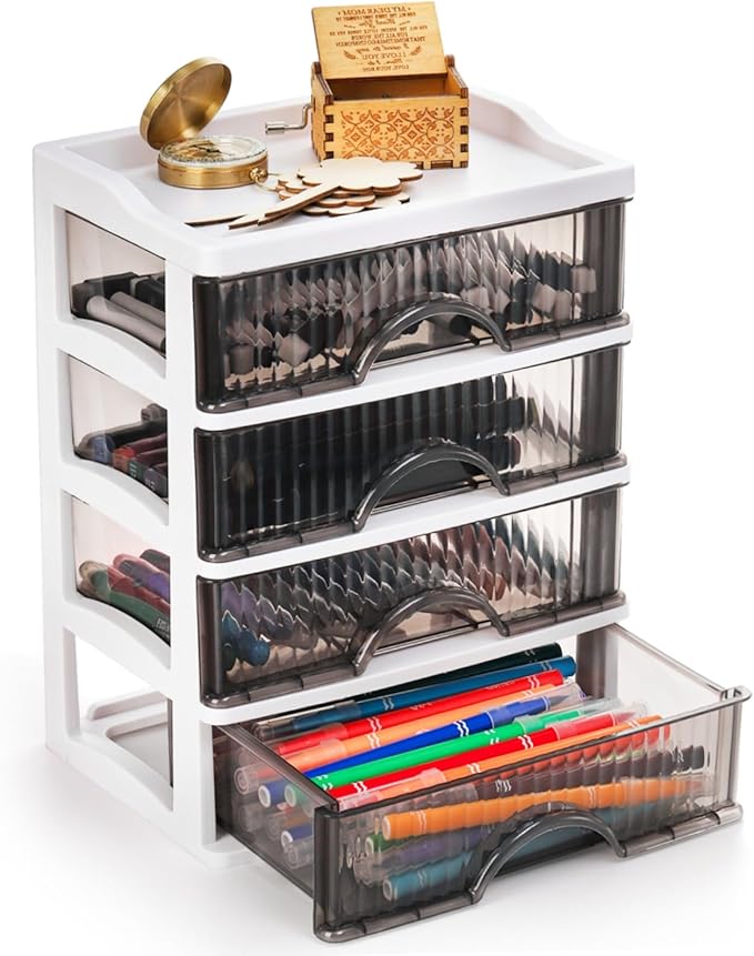 WRINGKIT Desk Organizer with 4 Drawers, Plastic Desk Storage Box, Desktop Storage Unit for Office Home Art Supplies, Bathroom, Countertop, Study, Makeup Stationary Organizer