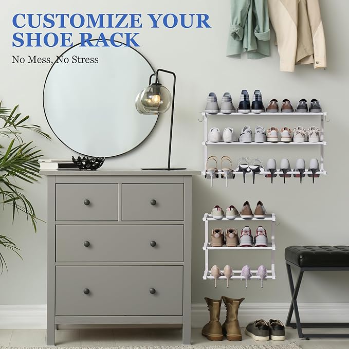 3 Pack Wall Mounted Shoe Rack, 3 Tier Hanging Shoe Rack Holds 36 Pairs, 17"-30"Adjustable Heavy Duty Metal Shoe Organizer Holder with 6 Storage Hooks, Space Saving for Closet Entryway Doorway（White)