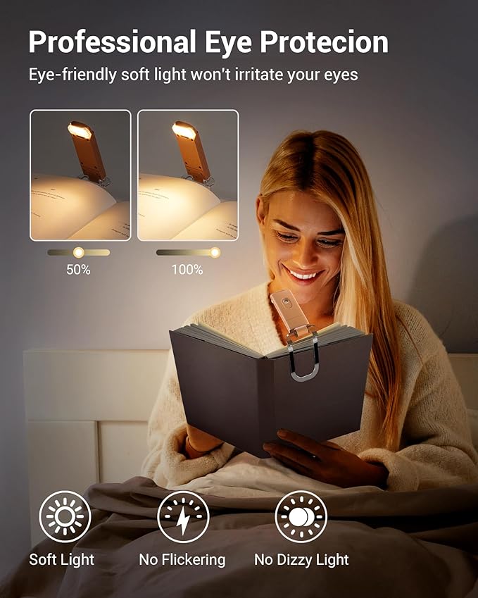 DEWENWILS USB Rechargeable Book Light for Reading in Bed, Clip-on LED Reading Lamps Portable Bookmark Lights for Kids, Book Lovers, Warm White, Brightness Adjustable for Eye Protection (Mocha)