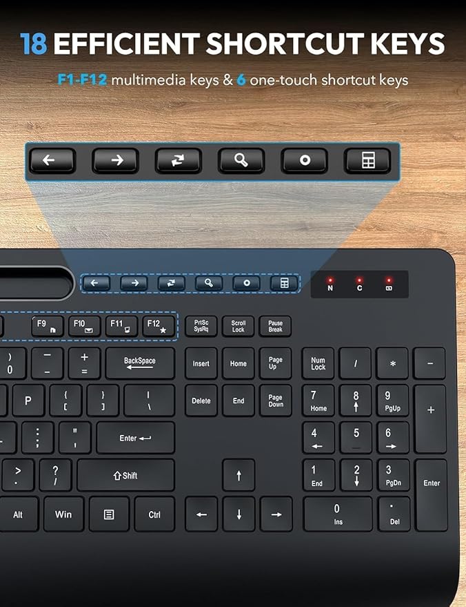 Wireless Keyboard and Mouse Combo - Full Size Ergonomic Wrist Rest, Silent Typing, Phone Holder, 2.4 GHz, 3 Level DPI, Batteries Powered, KM23D Set Compatible with PC, Laptop, Windows, macOS -SABLUTE