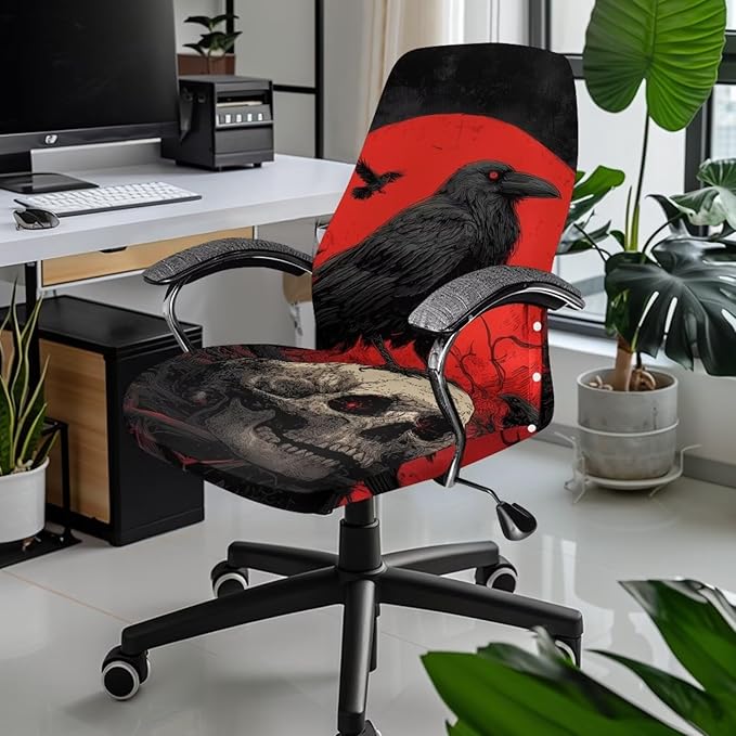 Talayituse Skull Crow Moon Print Office Chair Covers, Stretch Computer Chair Cover, Universal Boss Chairs Covers Modern Simplism Style High Back Chairs Slipcover, Large