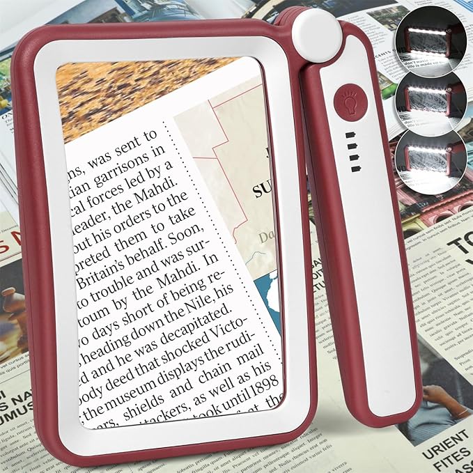 Magnifying Glass for Reading, Rechargeable 5X Large Page Magnifier with Light, Folding Handheld Dimmable Rectangle Lighted Magnifier for Reading Book Small Print for Seniors Low Vision, Red White