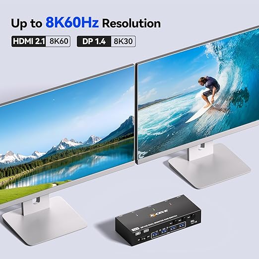 HDMI Dispalyport KVM Switch 2 Monitors 3 Computers 8K@60Hz/4K144Hz, USB3.0 Dual Monitor KVM Switches for 3 PC Share 4 USB 3.0 Ports and 2 Screens, with 3 USB Cables and Wired Remote