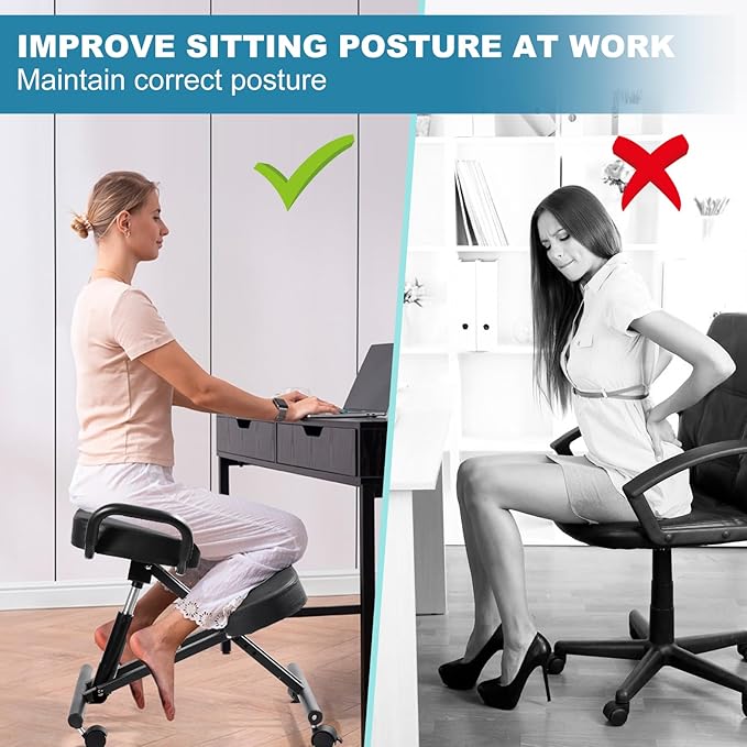 Ergonomic Kneeling Office Chair, Adjustable Postures Chair with Wheels & Extra Thick Cushion, for Study, Meditation & Home Work, Supports Back & Spine, Comfortable for Adults & Students