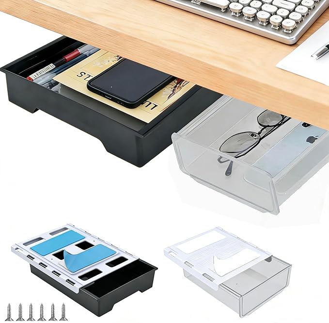 2 Pack Under Desk Drawer Organizer, Self Adhesive Hidden Drawer Storage, Slide Out Desk Organizer, Space Saving Pencil & Accessories Organizer, Under Table Storage for Home Office & School, Black