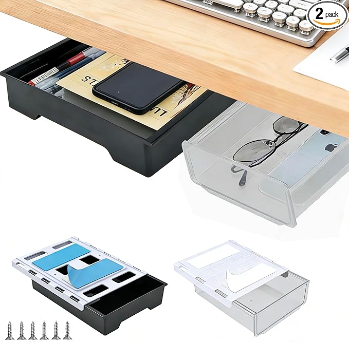 2 Pair Super Capacity 11.85 "x 8.9" Under Desk Drawer Hidden Strorage Drawer Self-Adhesive Slide Out with Smooth Gliding Motion - Attachable & Space-Saving Under Desk Organizer with Screw Kit, Black